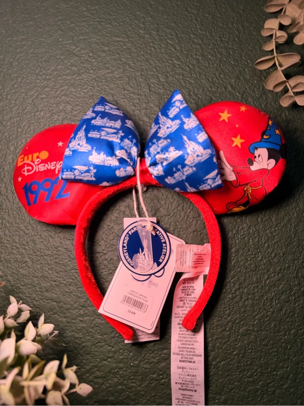 Disney Red & Blue Sorcerer Mickey 1992 Kids Ear Headband with Bow